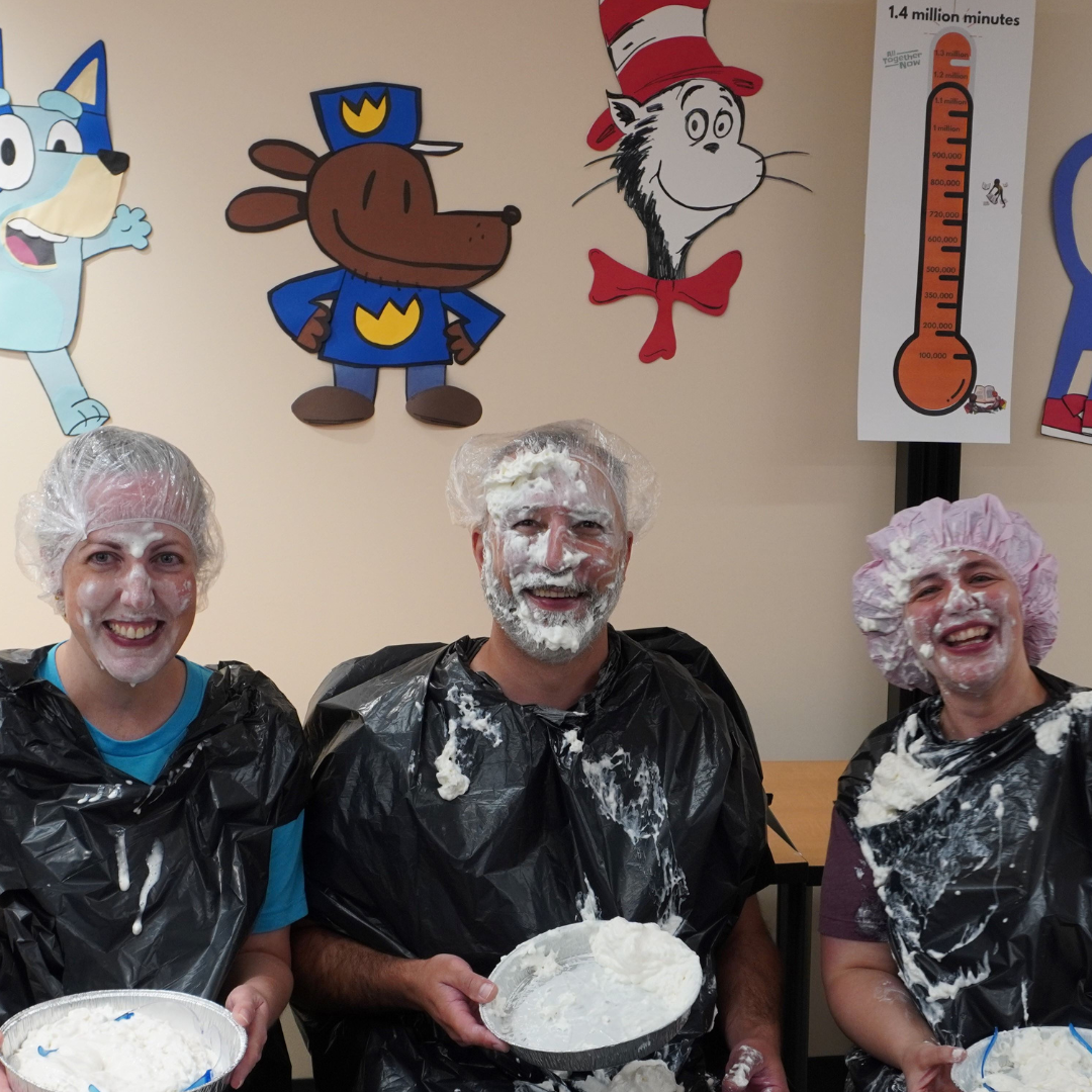 Directors Jennifer, Andy, and Childrne's Manager Amy after with pie on their faces