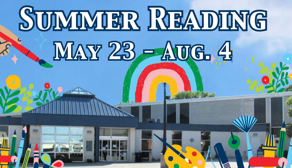 Image of the outside of the Cuyahoga Falls Library building with graphic overlays of rainbows, art supplies, and flowers with the text "Summer Reading Program May 23 - Aug. 4"