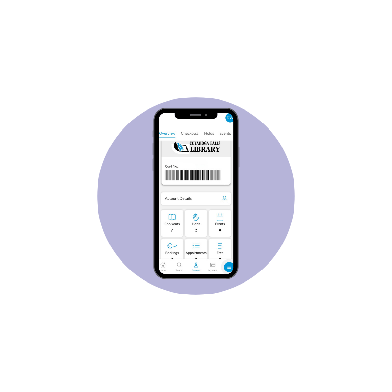 Image of the Cuyahoga Falls Library mobile app on a smartphone.