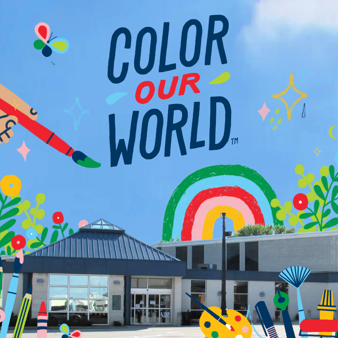 Image of the outside of the Cuyahoga Falls Library building with graphic overlays of rainbows, art supplies, and flowers with the text "Color our World."