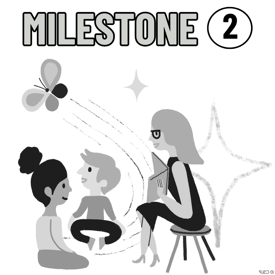 Graphic of a woman reading to two kids with text Milestone 2.
