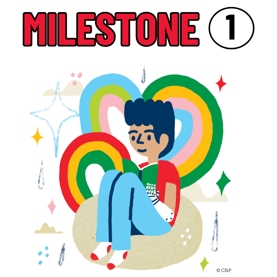 Graphic of a boy reading with the text Milestone 1