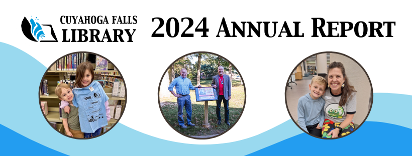 Banner with three images: two children hugging in front of books, Mayor Walters and Library Director Harant in front of the StoryWalk, and a Children's Librarian with a Child.
