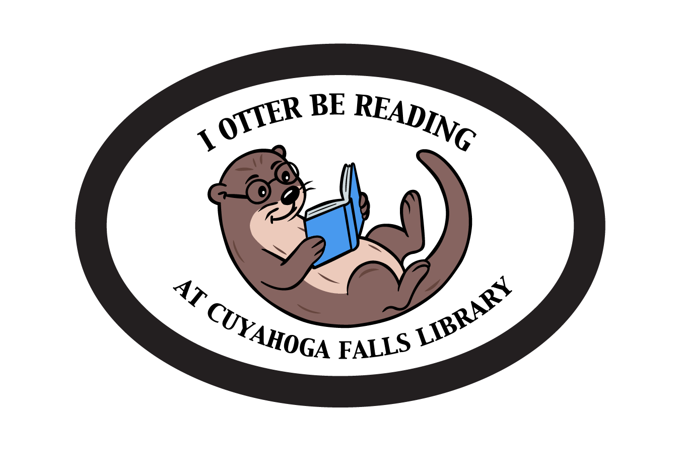 "I otter be reading at Cuyahoga Falls Library" image of a sticker with Taylor the otter holding a book.