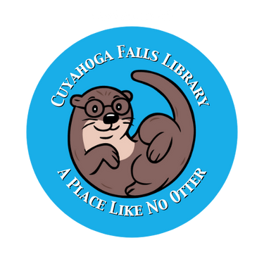 Image of a round Taylor the Otter sticker with the text "Cuyahoga Falls Library a Place Like No Otter".