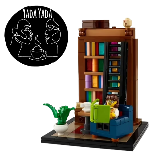 Yada Yada coffee logo and Books are my passion LEGO set.