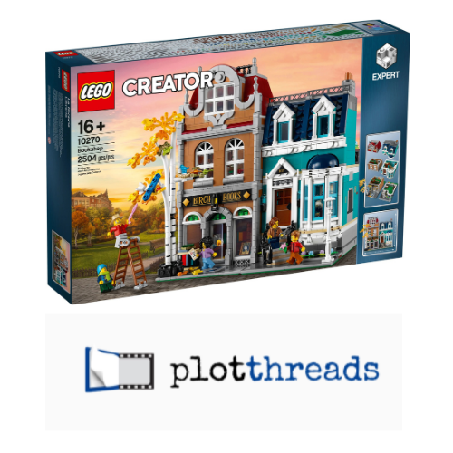 LEGO® Bookshop set box and logo for Plotthreads website.