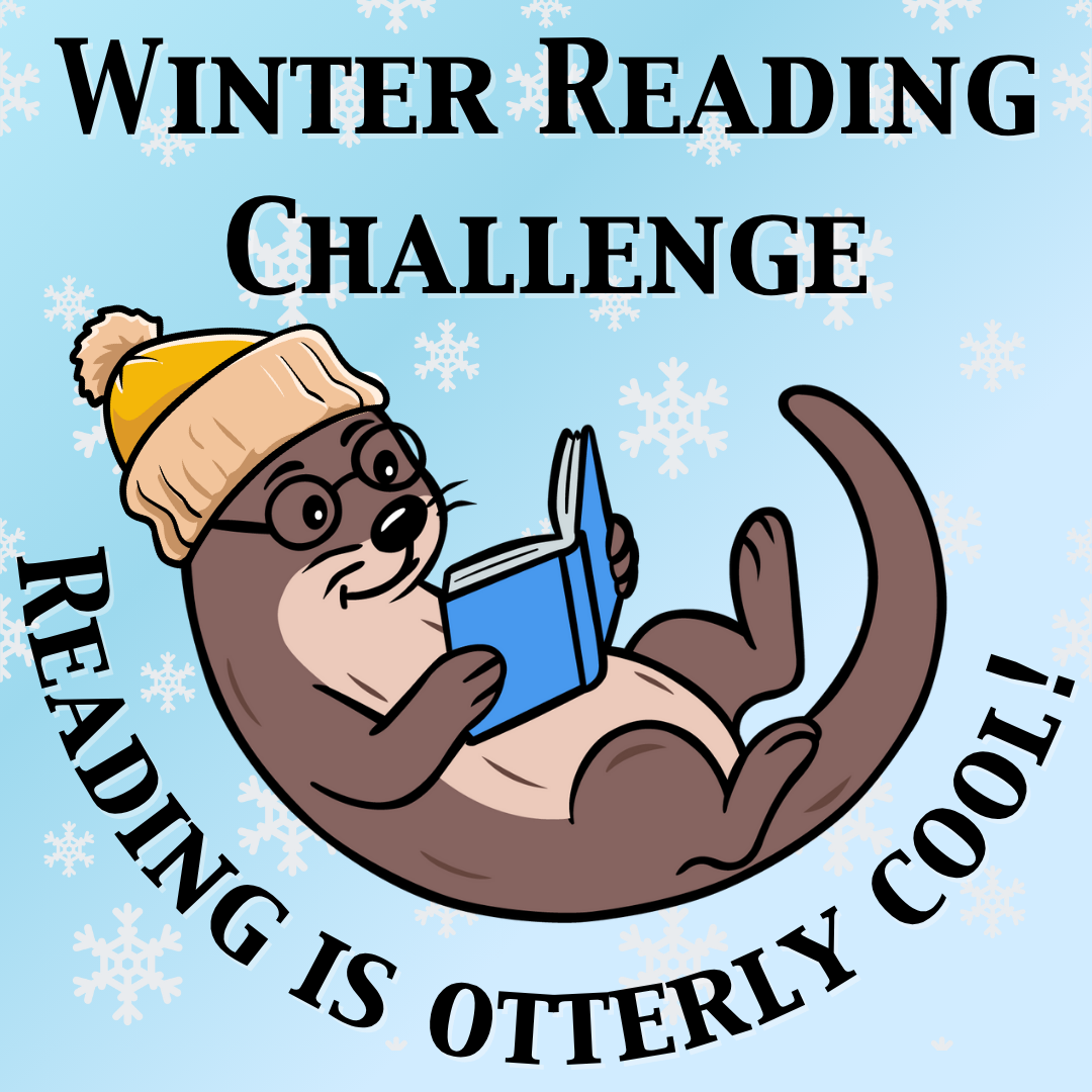 Taylor the Otter wearing a yellow toboggan and reading a blue book. Text, "Reading is otterly cool!"