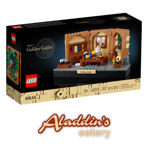 LEGO® Galileo Galilei set and an Aladdin’s Eatery logo.