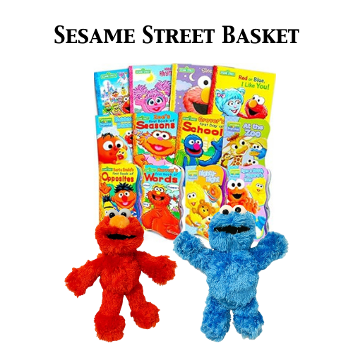 Sesame Street books, Elmo and Cookie Monster plushies.