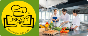 Library Chef Logo & Image of people cooking in a professional kitchen.