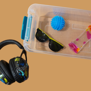 Children's Department sensory kit with headphones, sunglasses, and fidgets