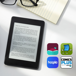 An e-reader with a book page on it. Libby, Tumblebooks, Hoopla, and Comics Plus app icons next to the e-reader.