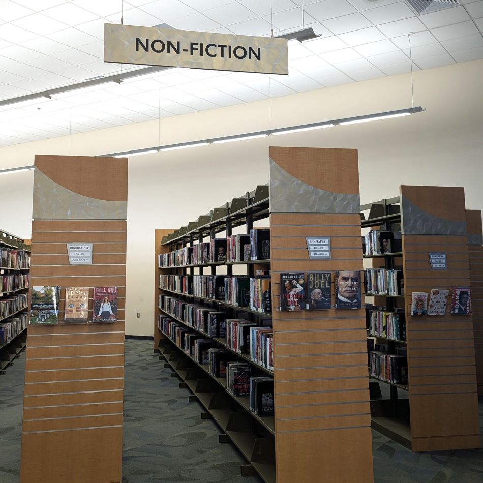 Bookshelves with a sign saying Non-fiction.