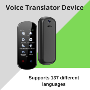 Voice translator device that looks like a small remote with a touch screen text says supports 137 different languages
