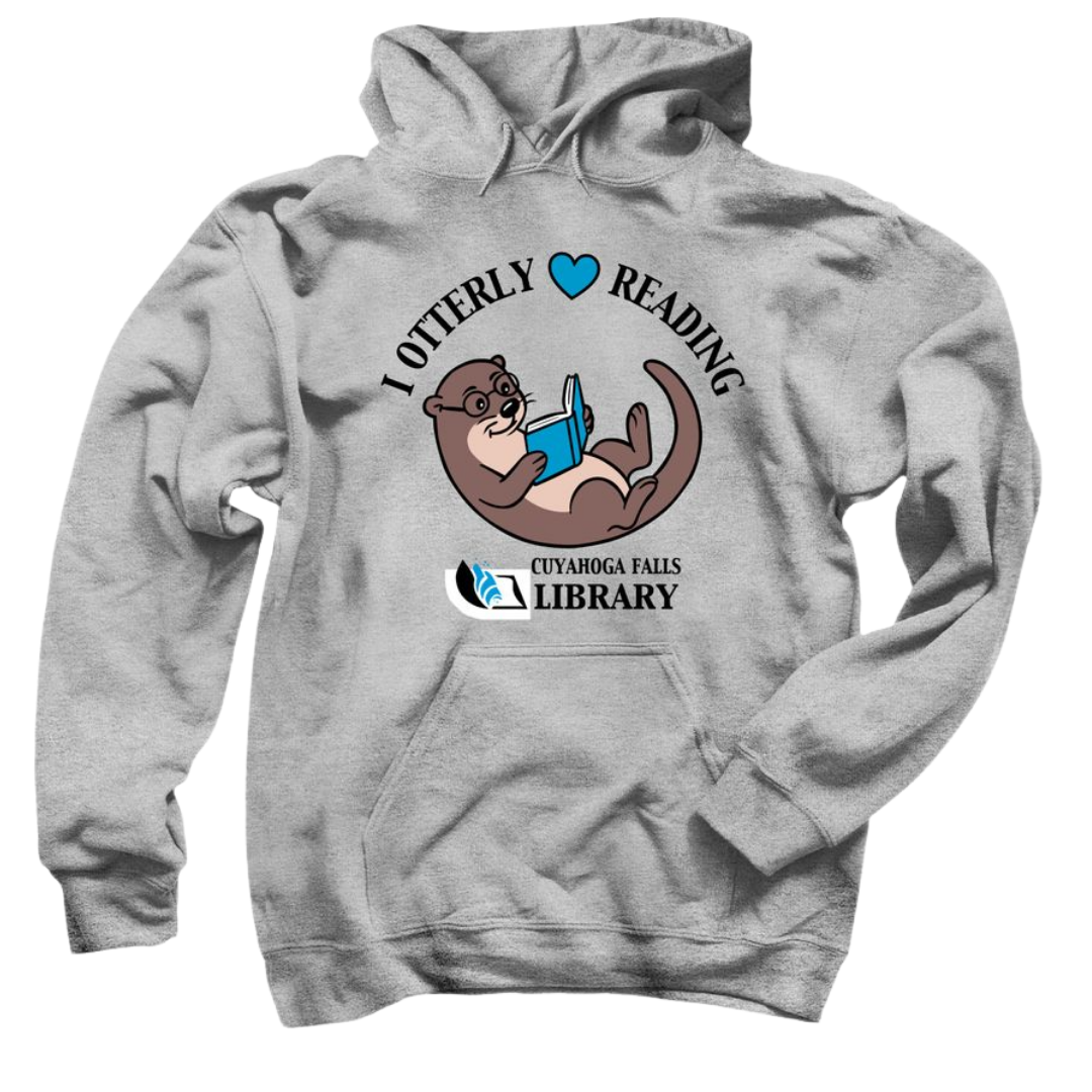 grey hoodie with Taylor the River Otter and text I Otterly Love Reading