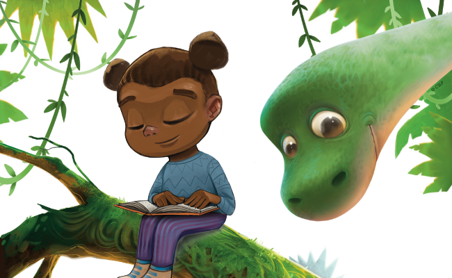 Little black girl reading while sitting on a tree branch with a dinosaur looking over her shoulder at the book.