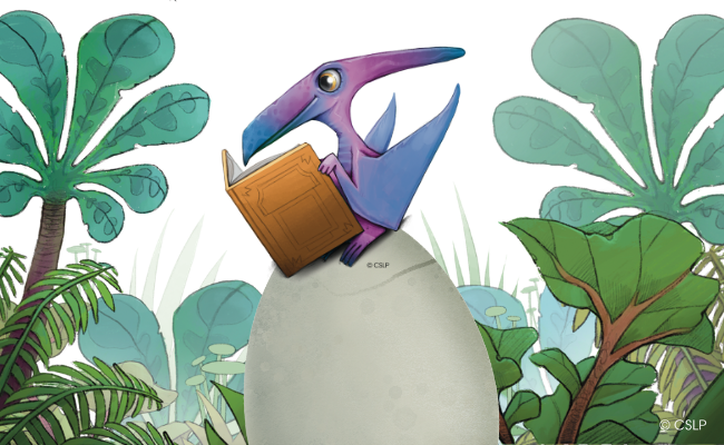 Jungle scene with a small dinosaur sitting on a large egg reading a book