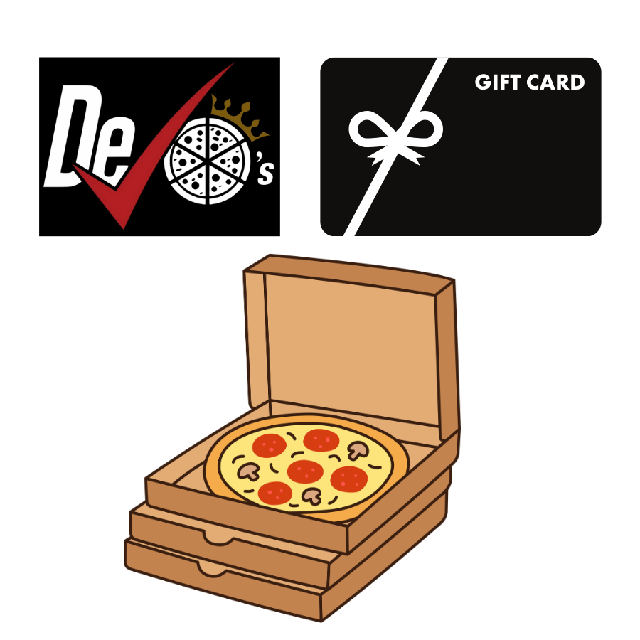 Decheco's Pizza Logo, gift card graphic, and a graphic of two pizza boxes with one open.