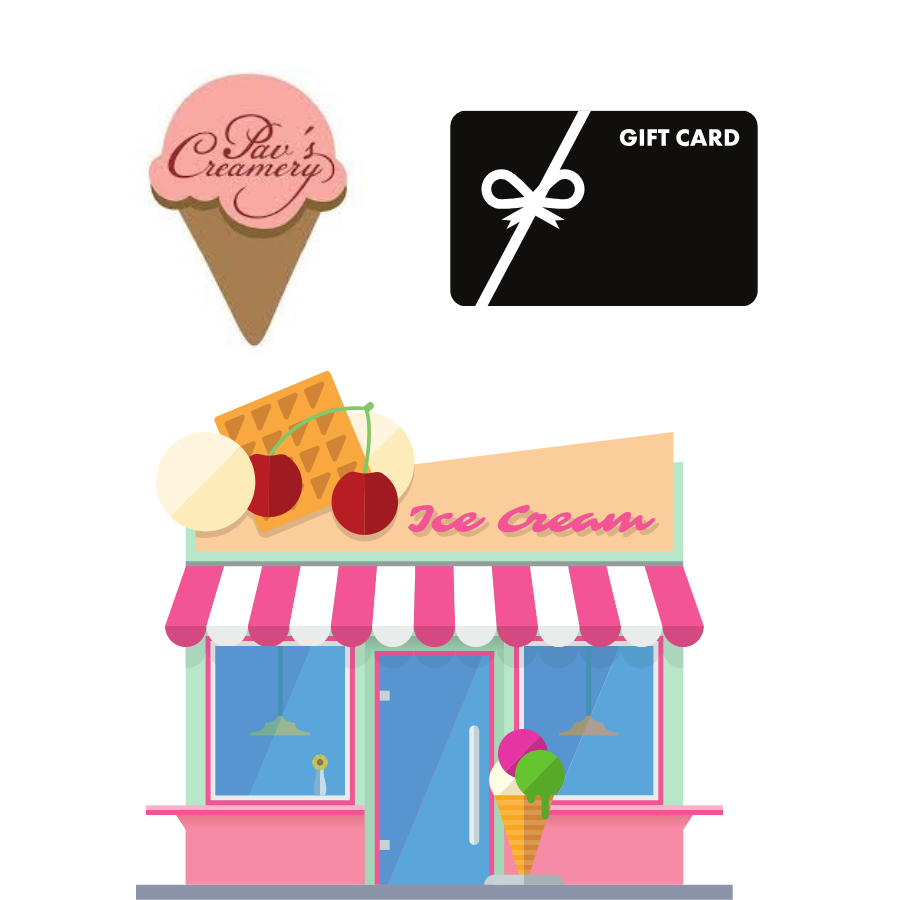 Pav's creamery logo with a graphic of a gift card and one of the outside of an old fashioned ice cream parlor