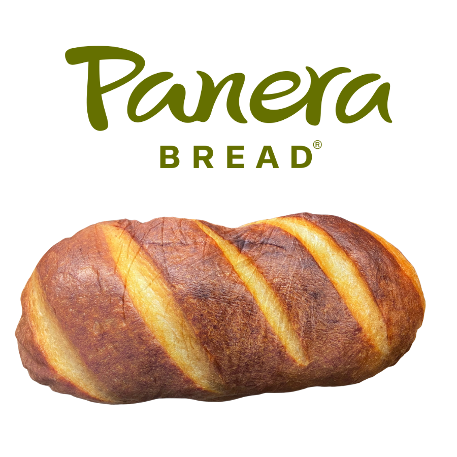Panera Bread logo and a pillo that looks like a loaf of bread