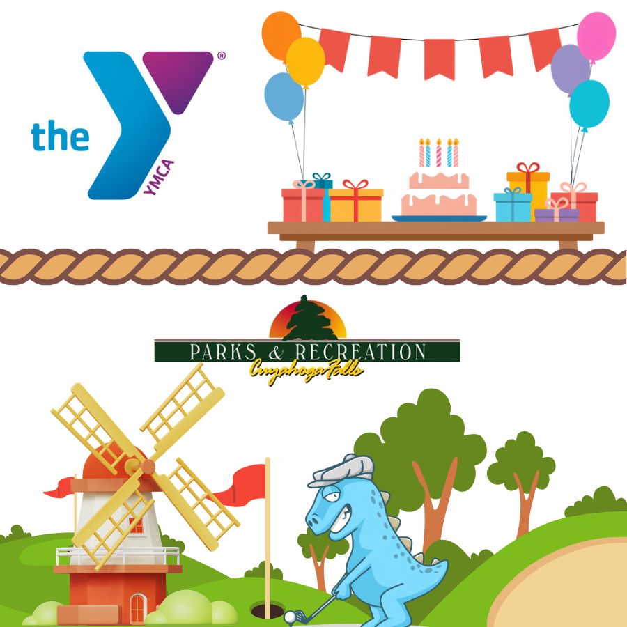 The YMCA logo, birthday party scene, Parks & Recreation logo, mini golf scene