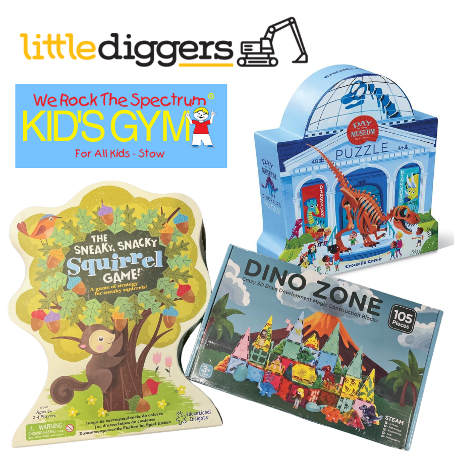 Little Diggers logo, Rock the Spectrum Kids' Gym Logo, Puzzle, Squirrel Game, Dino Tiles