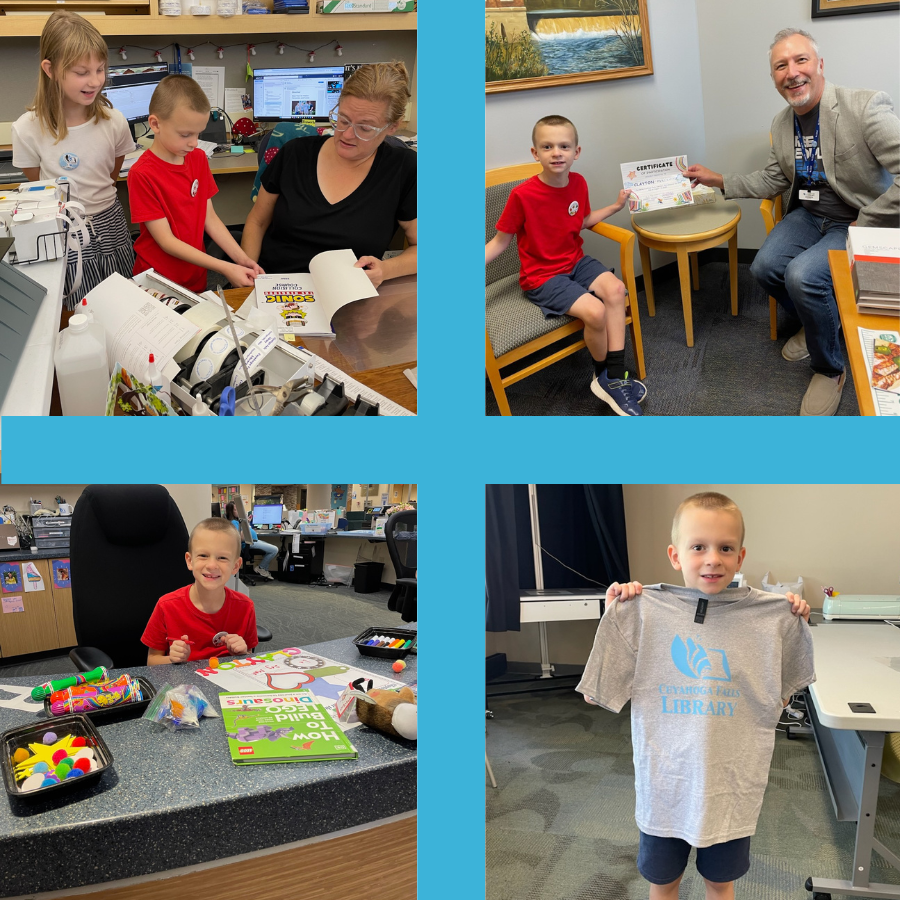 Image of a little boy with library staff making a shirt, looking at books, and receiving a certificate