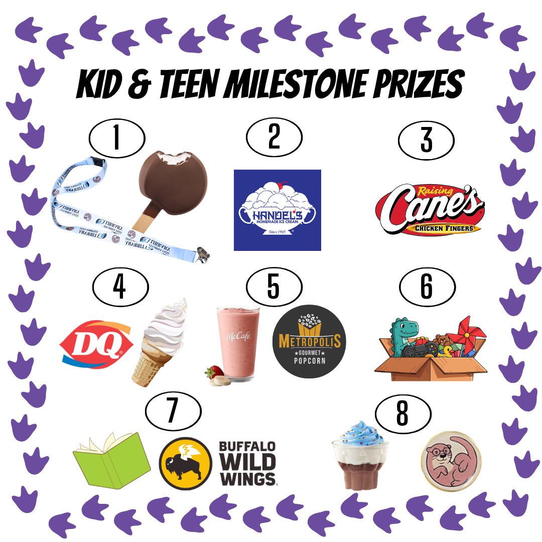 Kid and Teen Milestone prizes 1 Lanyard and DQ Dilly Bar, 2 Hanel's Ice Cream logo, 3 Raising Cane's Chicken Fingers logo, 4 DQ logo with soft serve cone, 5 McDonald's Smoothie and Metropolis Popcorn, 6 Dino Pick a Prize Dinosaur in a box of toys, 7 Book and Buffalo Wild Wings logo, 8 DQ cupcake and Taylor the Otter pin