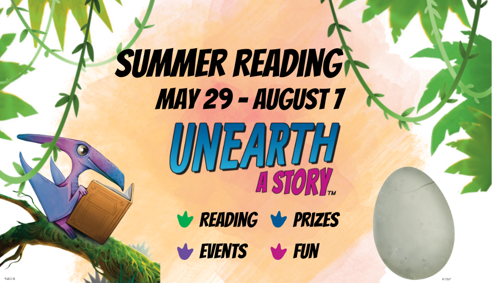 Summer Reading May 29 - August 7 Unearth A Story Reading Events Prizes Fun small pterodactyl reading a book in a jungle scene
