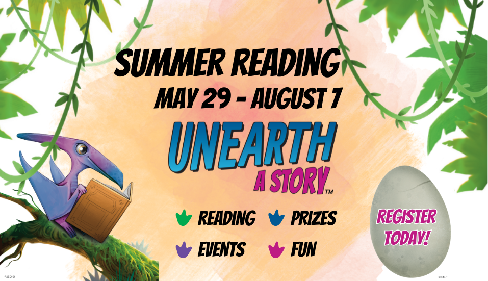 Summer Reading May 29 - August 7 Unearth A Story Reading Events Prizes Fun Register Today small pterodactyl reading a book in a jungle scene