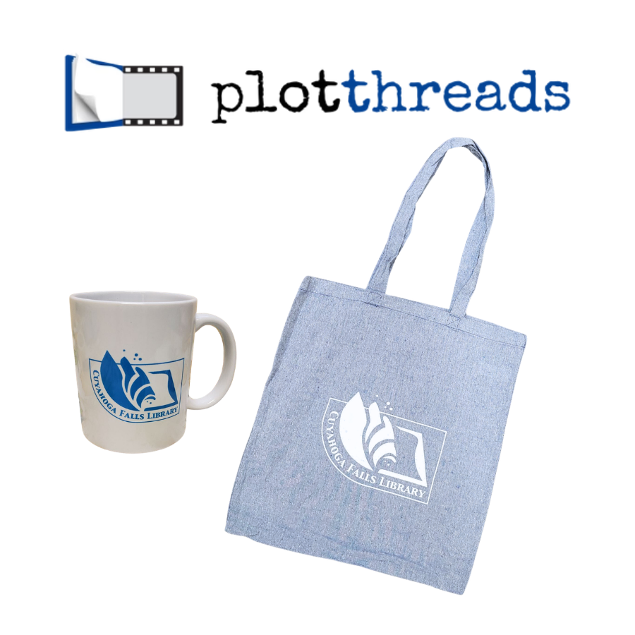 Plot Threads logo, a Cuyahoga Falls Library branded mug and tote bag.