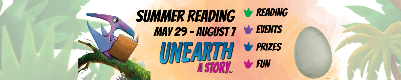 Summer Reading May 29 - August 7 Unearth A Story Reading Events Prizes Fun small pterodactyl reading a book in a jungle scene