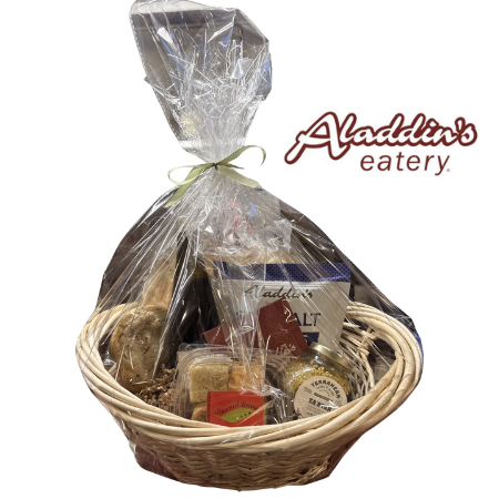 Aladdin's Eatery gift basket with various pre-packaged food items