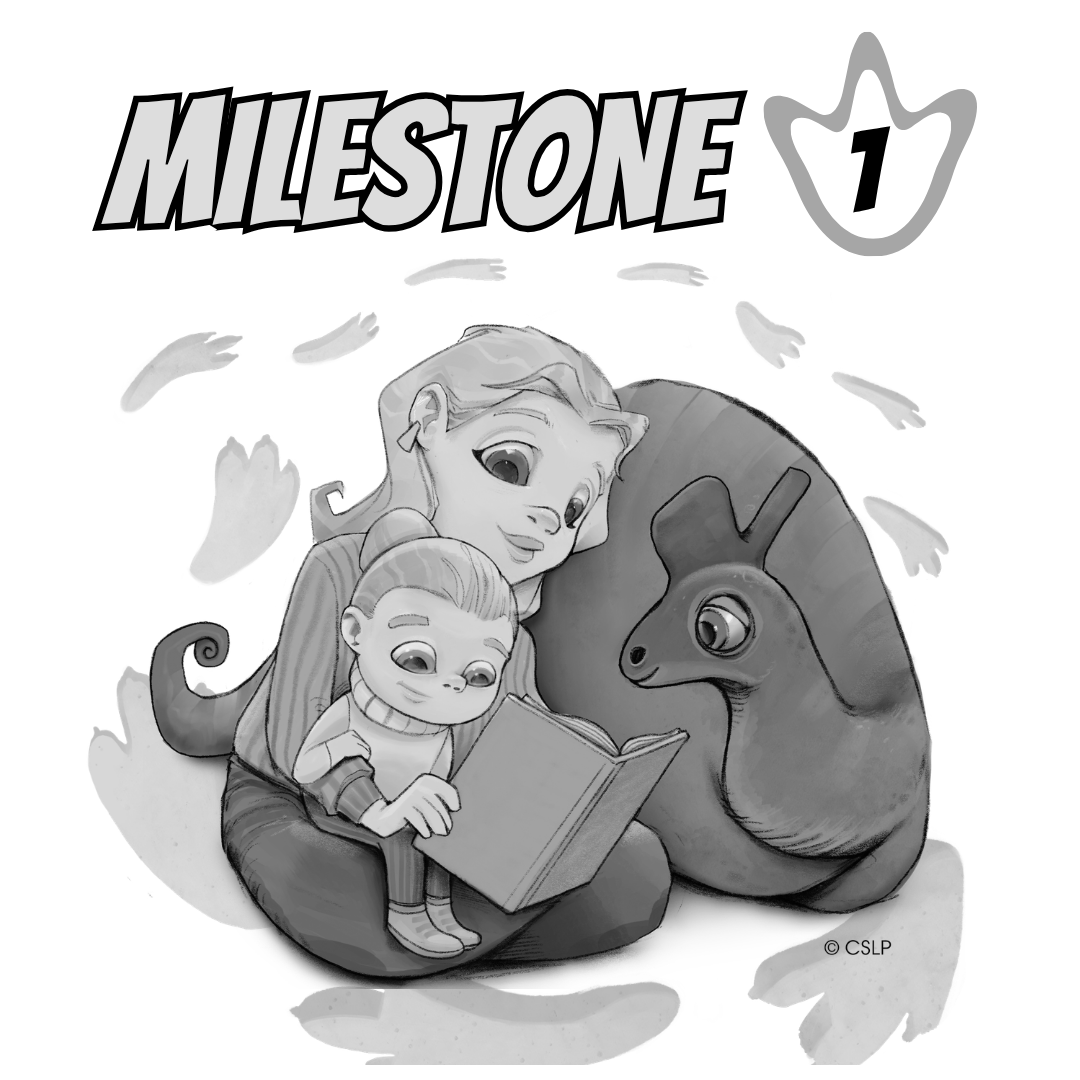 Graphic of a boy reading with the text Milestone 1