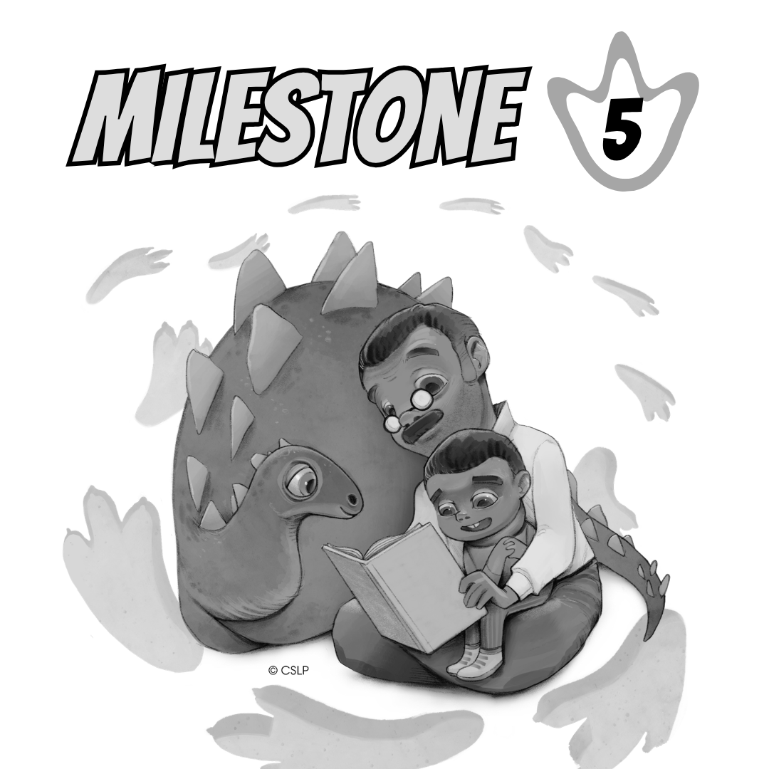 Graphic of a woman reading to two kids with text Milestone 2.