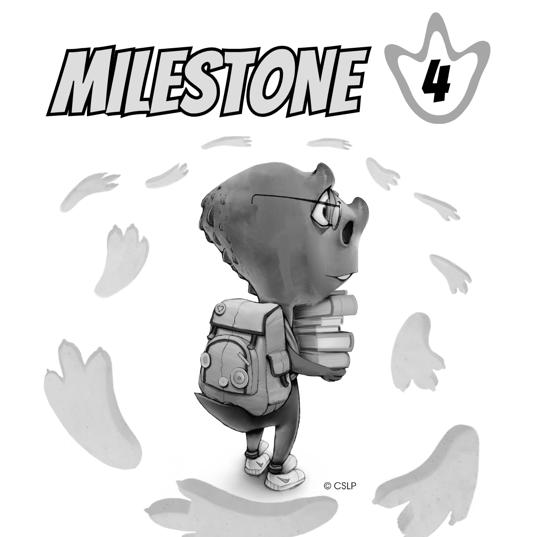 Graphic of a boy reading with the text Milestone 1
