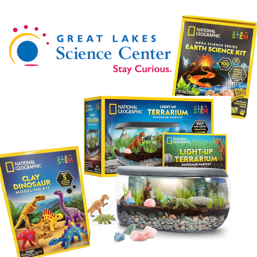 Great Lakes Science Center logo, Dino Terrarium kit, Earth Science Kit, Dino Clay Kit