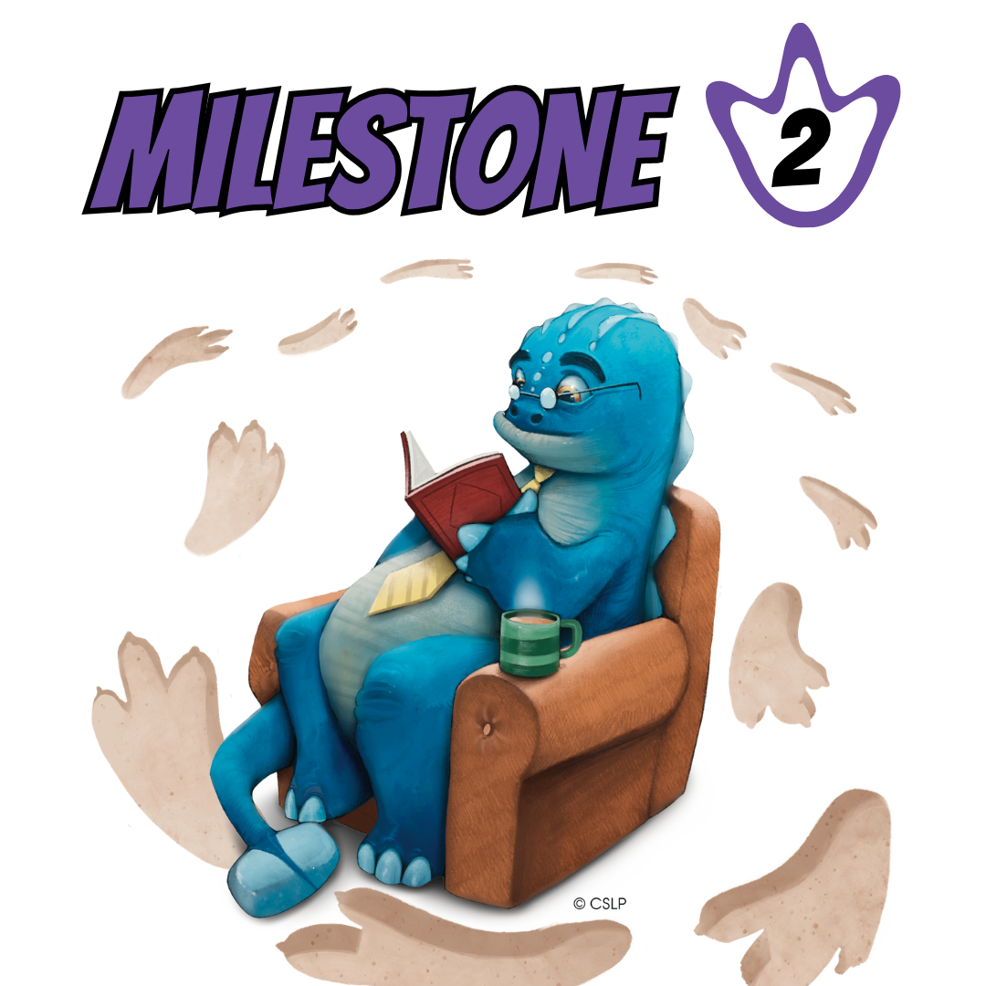 Graphic of a woman reading to two kids with text Milestone 2.