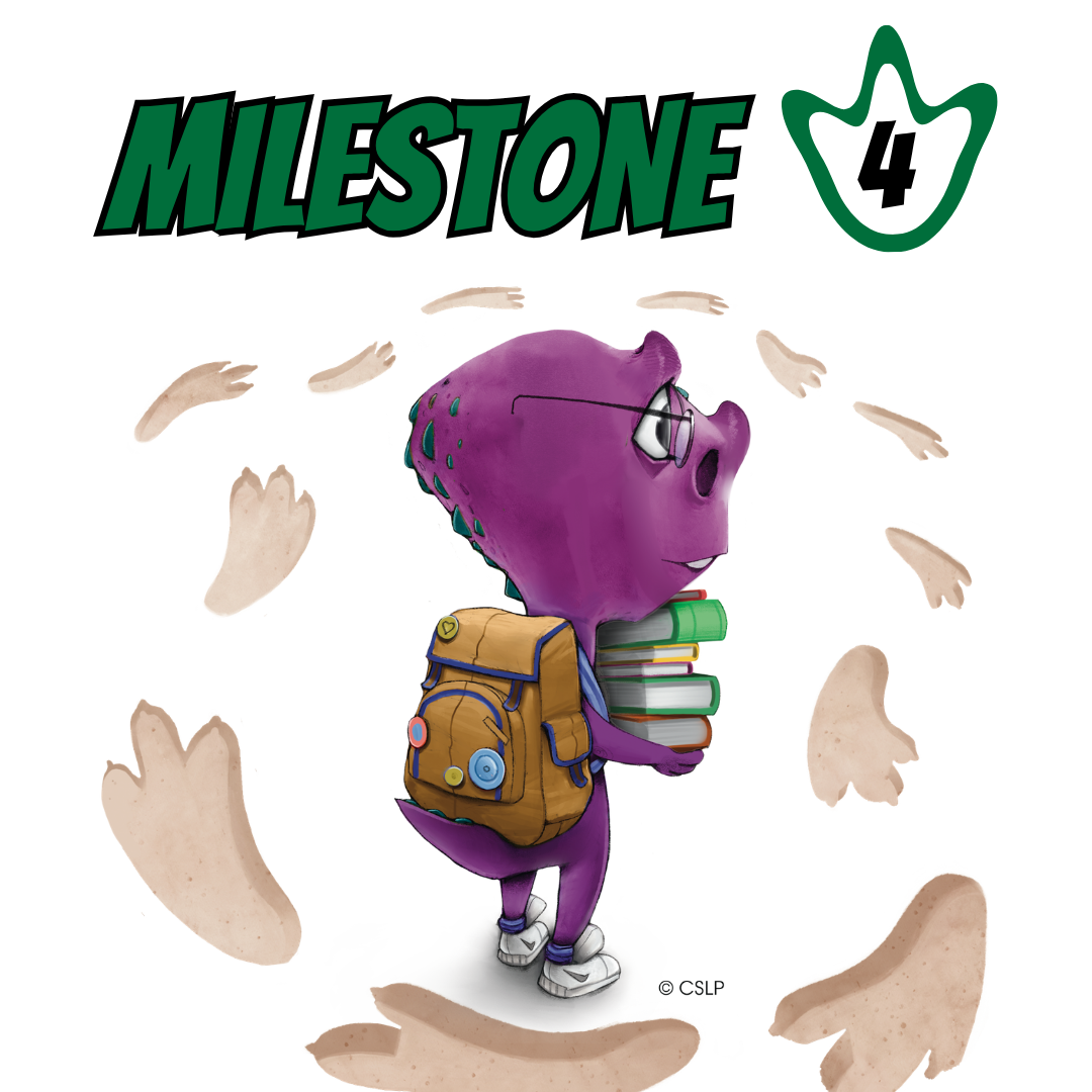 Graphic of a boy reading with the text Milestone 1