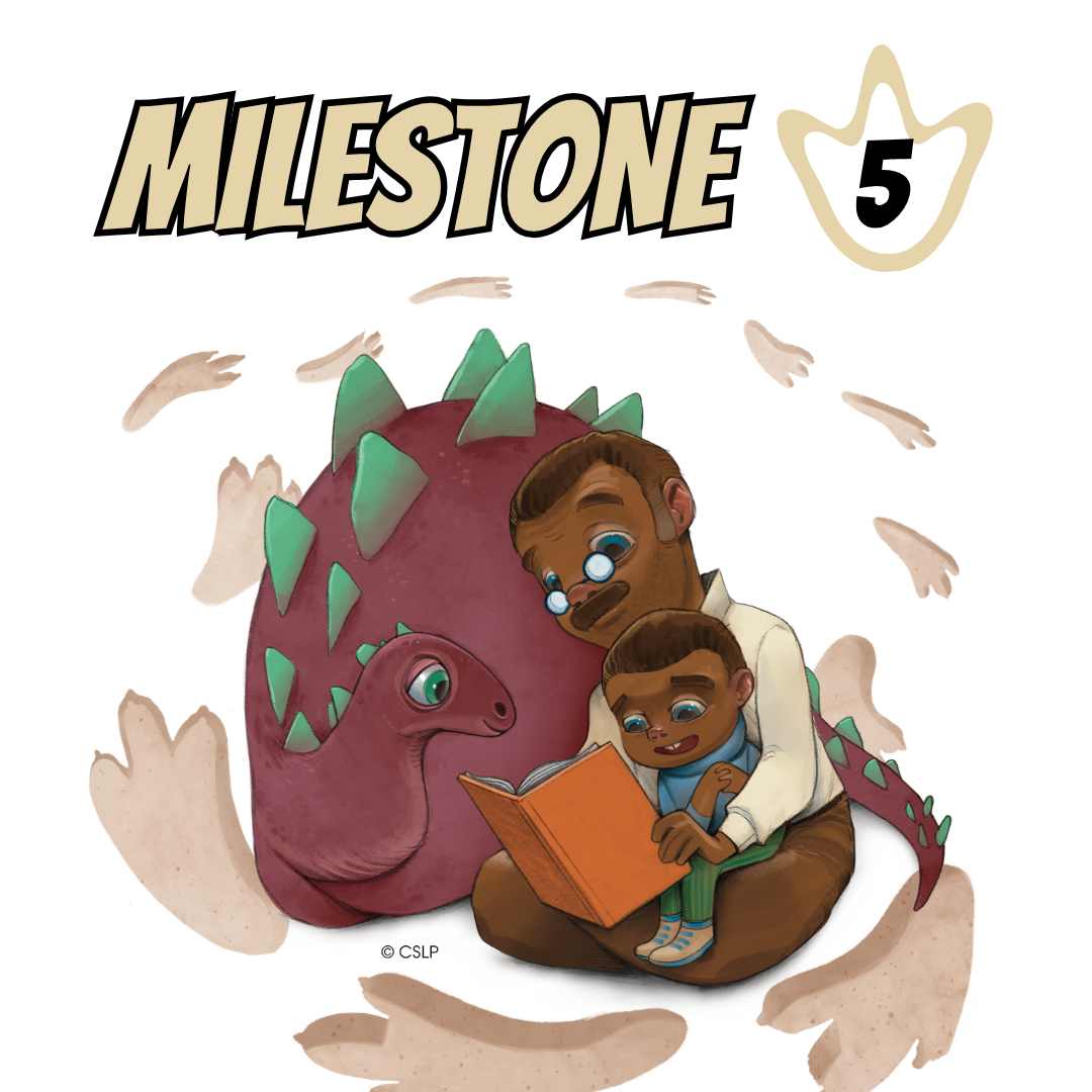 Graphic of a woman reading to two kids with text Milestone 2.