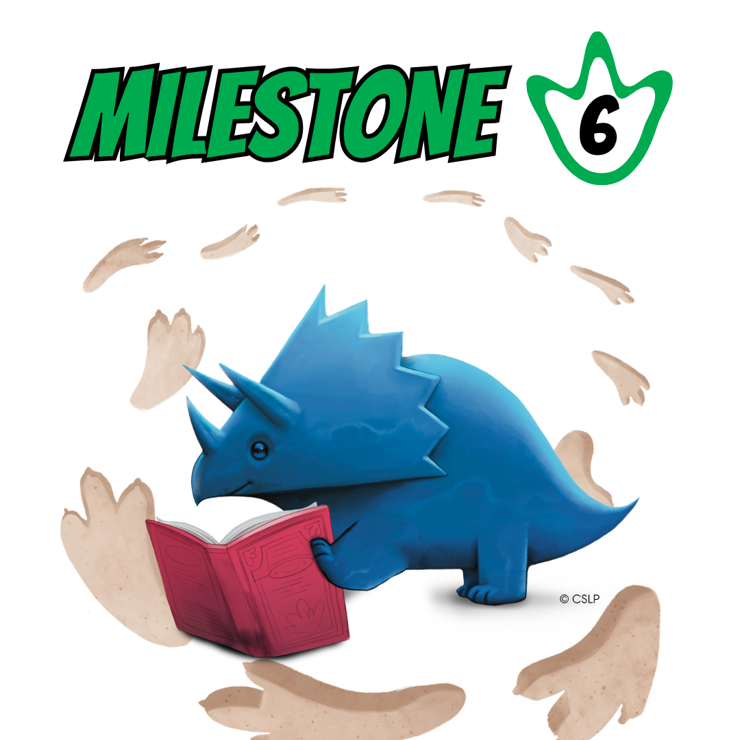 Milestone 6 triceratops reading a book