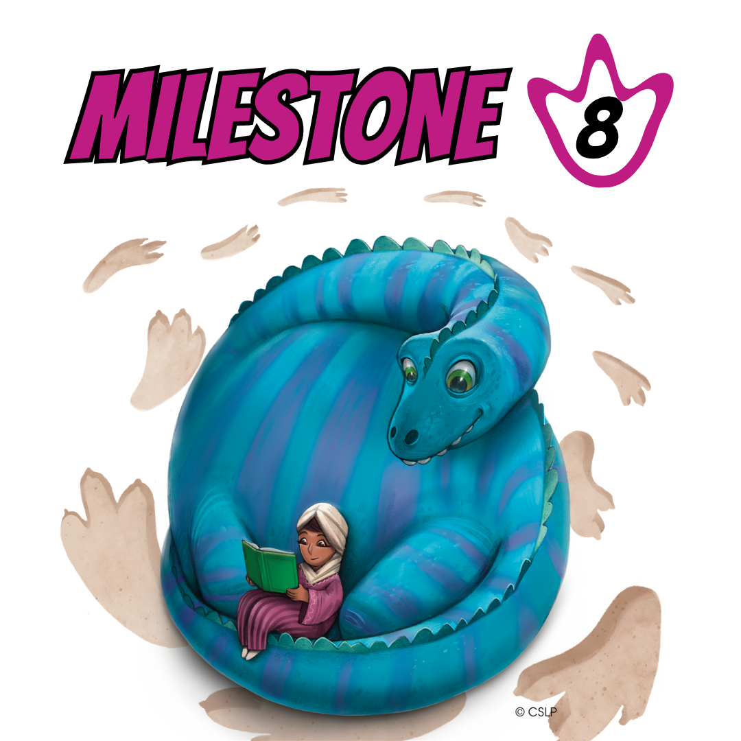 Graphic of a girl in a hijab sitting on a blue dinosaur and reading