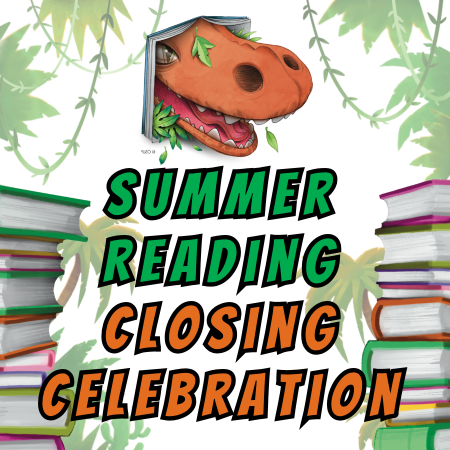 Text Summer Reading Closing Celebration image of dinosaur popping out of a book inside a jungle scene near stacks of books