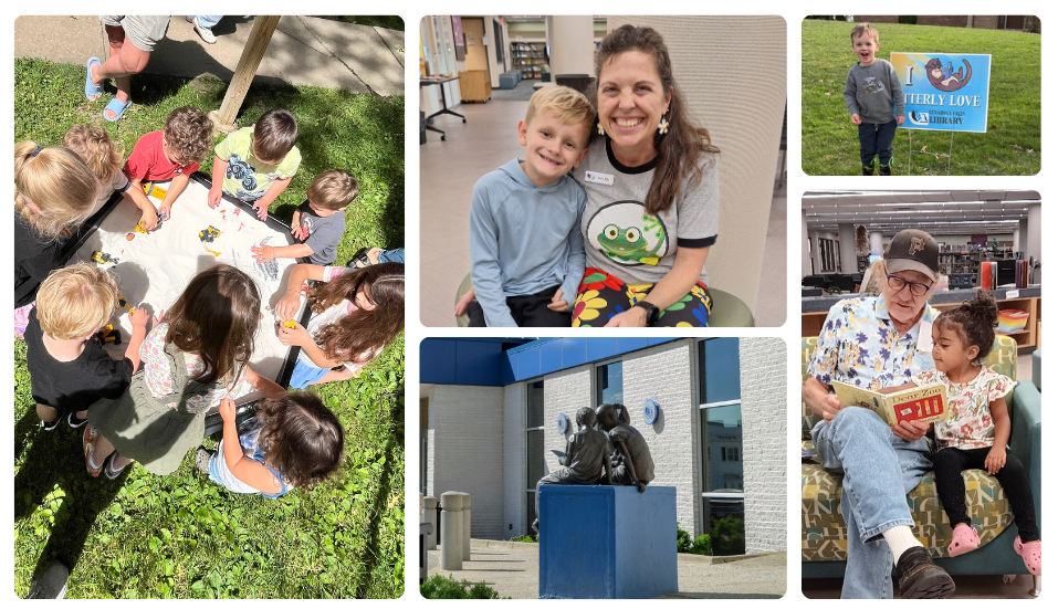 A collage of pictures of people of various ages and races reading, playing, and learning at the library, and at storytime in the park.