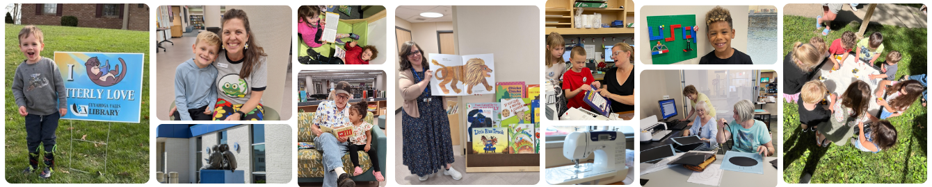 A collage of ten pictures of people of all ages and races reading, crafting, playing, and learning at the library.